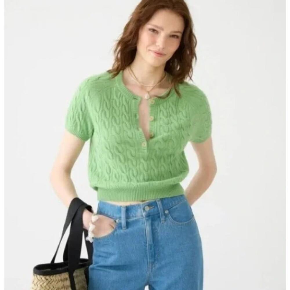 J. Crew Factory Light Green Short-Sleeve Cable Knit Scoop Neck Sweater